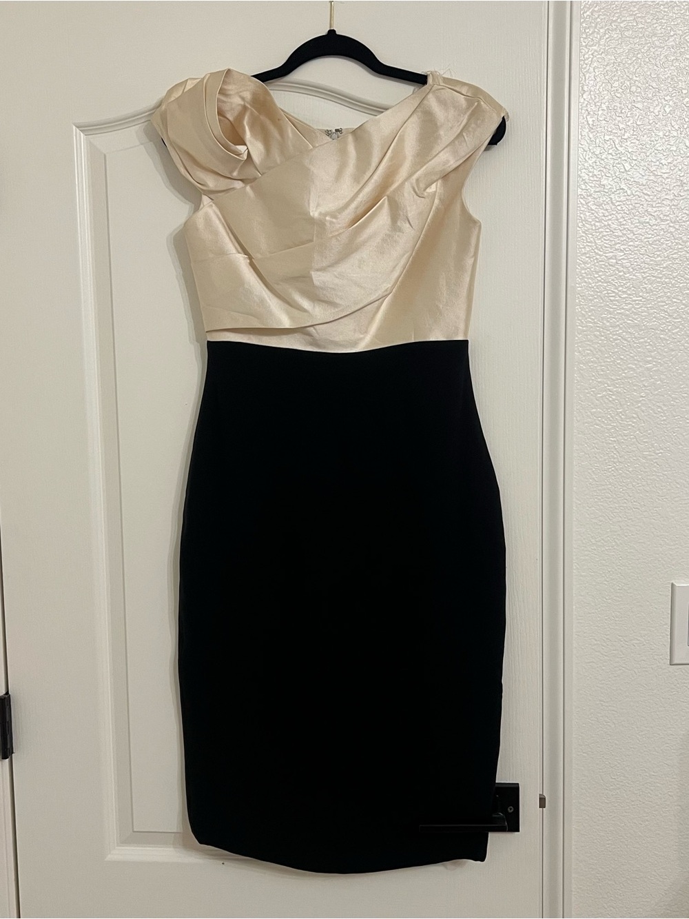Marchesa One-Shoulder Cream and Black Sheath Dress